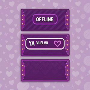 Digital graphic featuring a Twitch overlay design. Predominantly purple color scheme. Displays 'offline' label in Spanish at top. Incorporates 'offline' and 'ya vuelvo' sections for streaming. Subtle heart pattern background.