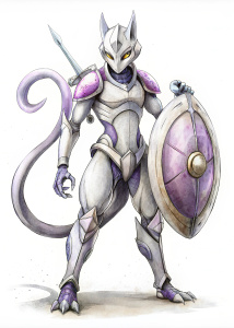 No background sketch image Pokemon Mega Mewtwo X long legs with armor helmet. Right hand hold a sword, left hand hold a shield