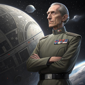 Grand Moff Tarkin from Star Wars, detailed 3D render, wearing uniform, standing in front of digital space station.
