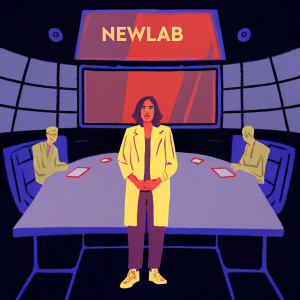 Shaina Horowitz, VP of Newlab, standing in a futuristic conference room. Giant screen displays the logo of Newlab. The background is sleek and modern, filled with advanced technology. Shaina is flanked by team members in a collaborative setting.