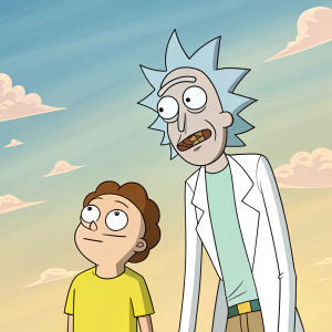 A scene from Rick and Morty. Rick Sanchez in lab coat, Morty in yellow t-shirt. Against a gradient sky background. Cartoony style with exaggerated facial expressions.