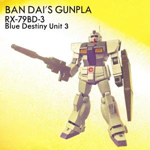 High-resolution image showcasing Ban Dai's Gunpla model kit RX-79BD-3 Blue Destiny Unit 3. Packaging displays detailed action pose with metallic grays, purples, and red accents. Japanese and English text included.