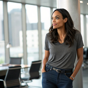 Rosario Dawson, in casual attire, standing in a modern office space. Focus on her upper body and face, blurred background.
