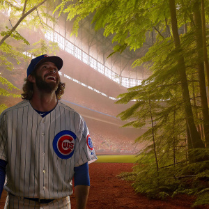 Jake Marisnick, a Chicago Cubs baseball player, laughing. Wearing a Cubs jersey. Stadium background.