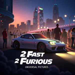 Promotional poster for '2 Fast 2 Furious'. Nighttime cityscape. Sleek sports car in focus. Crowd blurred. Universal Pictures logo at bottom.