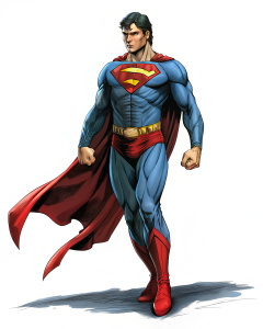 Superman (Christopher Reeve, 1978) standing in a dynamic pose, full-body, colored pencils.