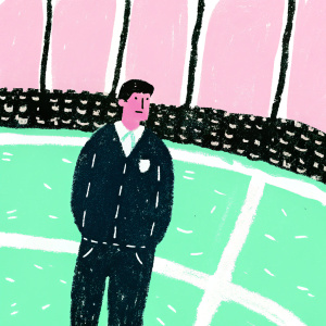 Mikel Arteta, soccer manager, standing on a vibrant green pitch. Dressed in a navy blue jacket with Arsenal logo. Audience in background
