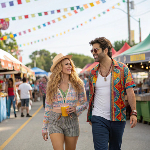 Shakira and Antonio de la Rua taking a casual walk. Street festival atmosphere with food stalls and vibrant decorations. Both wear colorful, casual attire.