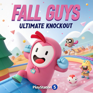 Digital artwork featuring 'Fall Guys: Ultimate Knockout' for PlayStation 5. A cartoon character in a vibrant, playful pose. Background teems with colorful, animated elements matching the game's whimsical theme. PlayStation 5 logo prominently displayed at the bottom.