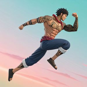 3D rendered artwork of a muscular anime character with a detailed, tribal tattoo on his arm. Character is in a mid-jump pose. Background is a soft gradient of pastel colors