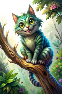 Cheshire cat sitting on a branch of a tree, head tilted to the left, smiling