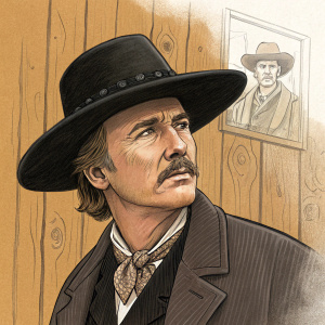 DVD cover of 'Pat Garrett and Billy the Kid'. Focus on stern-faced Pat Garrett. Wears western outfit and wide-brimmed hat. Rustic wooden background with sketch of another character.