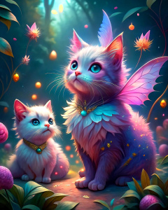 two big pink fluffy fairy cats, having fairy pink and golden iridescent wings and golden fluffy precious fur, having a picnic in a magical forest, surrounded by fireflies