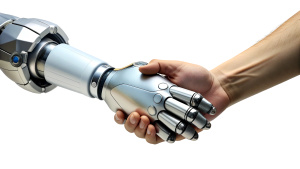 Human and Robot Handshake on White Background



