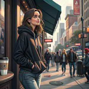 Ana de Armas, Hollywood actress, in casual jeans and a black hoodie, standing outside a trendy coffee shop. The background is filled with bustling cityscape and people walking by.