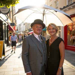 Hugh Bonneville and Lulu Williams posing under an umbrella. Bright sunlit street. Gray suit and black hat for Hugh, black dress for Lulu
