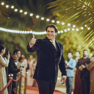 John Travolta, dressed elegantly in a dark suit, giving a thumbs-up at the awards night. Glimmering lights and crowd in the background.