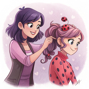 Juleka and Rose from Miraculous Ladybug. Juleka with dark purple hair smiling, Rose styling Juleka's hair. Soft pastel colors. Pink, purple, and brown tones. No background