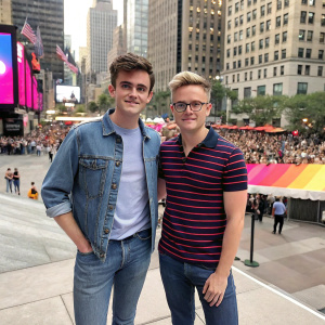 Connor Franta and Tyler Oakley, two influencers, standing outside a bustling city square. They wear casual outfits. Connor is in jeans and a t-shirt, while Tyler sports a striped polo and glasses. Crowds and tall buildings create a vibrant backdrop.
