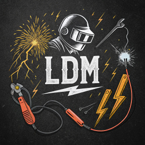 text "LDM" with themes of welding and electricity service, black background