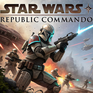 Cover art for Star Wars Republic Commando video game. Futuristic soldier in action pose. Various platform logos displayed.