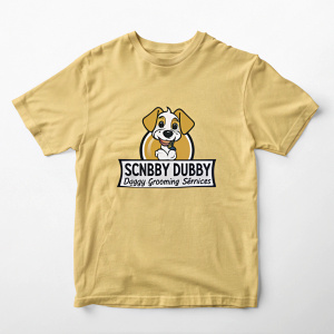 Promotional image for Scrubby Dubby Doggy Grooming Services. Bold cartoon dog logo with contact info on yellow t-shirt. White background