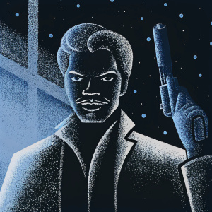 Line art illustration of Lando Calrissian, detailed facial features, dark background with subtle gun details, black and white