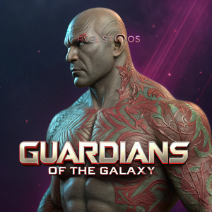 3D render of Drax from Guardians of the Galaxy. Close-up, showcasing his muscular build and detailed tattoos. Dark, vibrant background with Marvel Studios logo and title
