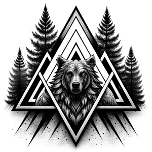 valknut runes pattern geometric symbols - bear and trees - tattoo design - perfect realistic art - high-definition - grey and black - white background 