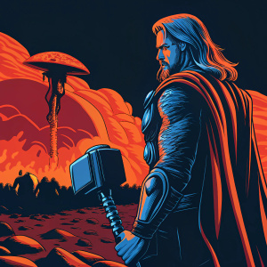 Chris Hemsworth as Thor, wielding Mjolnir, standing confidently on an alien battlefield. Armies clash behind him, distant explosions