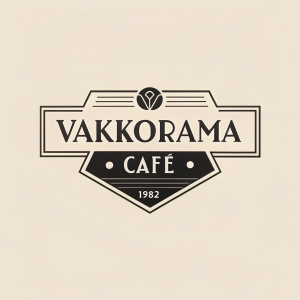 Vintage branding for Vakkorama Cafe. Established in 1982, classic serif font, neutral beige backdrop, main name and year in bold. Modern and sleek design.