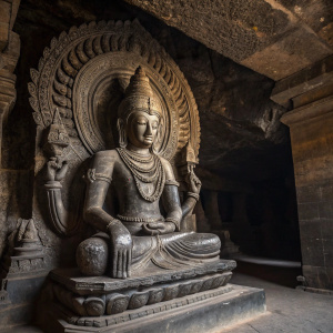 A detailed sculpture of Vishnu, sitting on Adishesha, located within a cave temple. Dark, intricate stone textures and shadows provide a dramatic contrast.