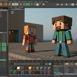 Minecraft-style animation software interface for designing animated scenes. Characters have shadowed, blocky, pixel-like appearances. Muted background. Character creation and posing features.