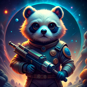 panda in space with a blaster in his hands