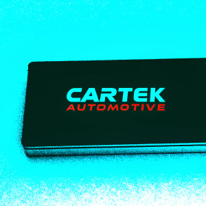 Digital artwork showcasing CarTek Automotive's logo. Bold, modern design on a sleek black background. Red and white text, minimalist and clean.