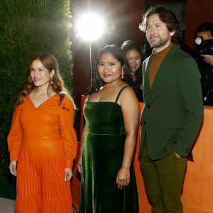 Marina de Tavira, Gabriela Rodriguez, Yalitza Aparicio, and Nicolas Celis attending the Sundance Film Festival. Strobe lights and paparazzi in the background.