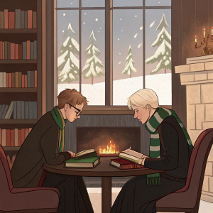 Fan art depicting Harry Potter and Draco Malfoy in a cozy library setting. Snowy landscape outside the window