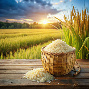 a pile of rice sitting on the basket in the rice field on wooden tablet ground