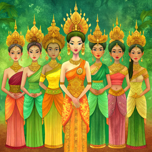 Seven beautiful ancient Thai women wearing traditional Thai costumes. standing together
