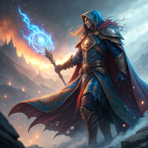 Kael'anthin, fantasy warrior, in vibrant armor and blue cloak. Emanating fiery aura from palm. Poses confidently on a misty, ethereal plane.