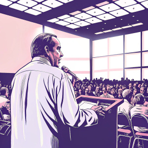 Bob Dole, politician, delivering speech at a crowded town hall meeting. Diverse crowd, indoor setting, bright lights