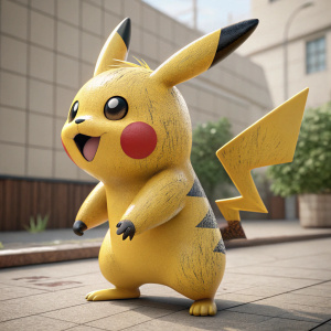 A 3D render of Pikachu, a character from the Pokemon universe, depicted in a vibrant yellow, cartoonish style with detailed features.
