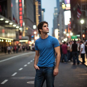 Darren Criss, wearing a blue t-shirt and jeans, in the middle of a busy city street. Crowds of people, bright lights