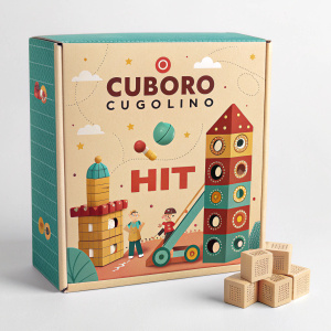 Cuboro Cugolino Hit Toy Set packaging. Vibrant box design featuring a mix of beige, brown, teal, and other bright colors. Detailed illustrations of the toy components in action. Box showcases the brand 'hit' and product name in a unique language. Ideal for kids.