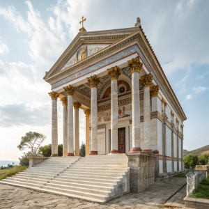 A stunning image of Taksiyarhis Church, an ancient Greek temple located in Old Ayvalik Island, Turkey. The photo showcases intricate columns, a grand staircase, and a palette of white, gold, and earthy hues.