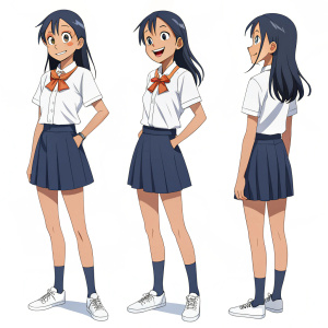 Nagatoro, anime character, cheerful face, white blouse, navy skirt. Multiple poses including side profile, full frontal, and rear view. Against white background.