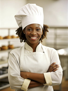 african american young women chef in a chef's hat with arms crossed wears apron standing in restaurant kitchen and smiling