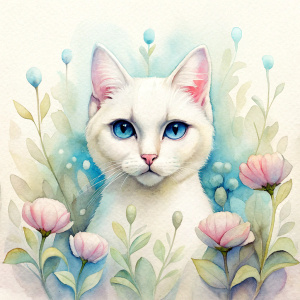 realistic bigeye white cat , blue flower garden