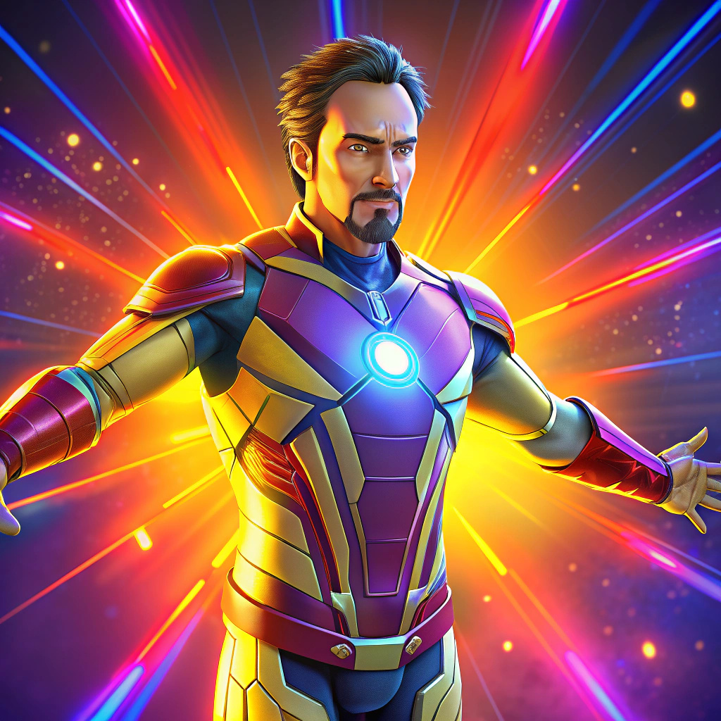 Robert Downey Jr. with his arms outstretched, glow background, 3d ...