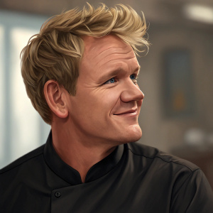 Close-up portrait of Gordon Ramsay. Soft smile, blonde hair. Wearing a black collared shirt. Background blurred, highlighting his warm personality.
